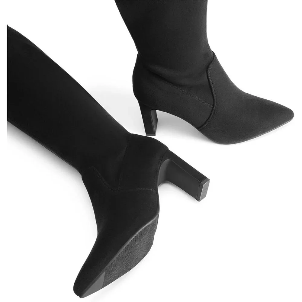 Women's Black Suede Over The Knee Thigh High Chunky Heels Pointed Toe Fall Boots